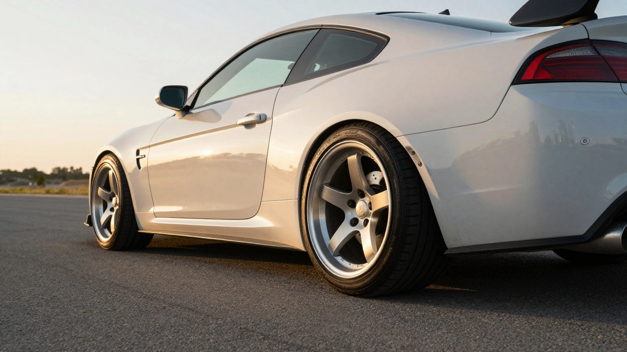 Low angle view of a car with flush wheel fitment and negative camber.