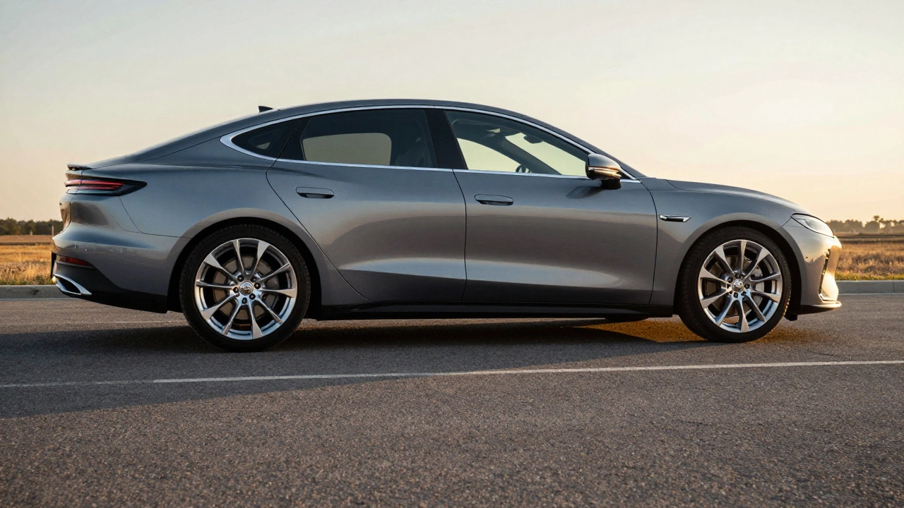 Low-angle view of a car with perfectly fitted alloy wheels flush with the fenders.