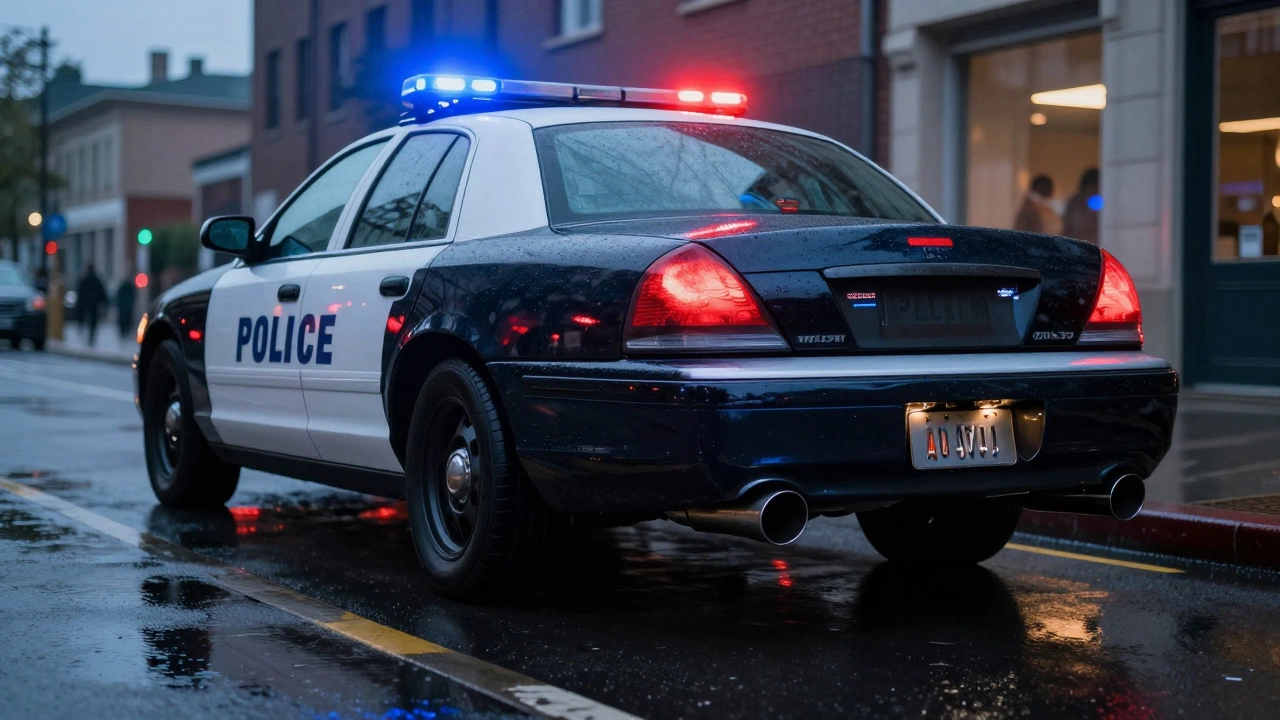 Modified car with a straight pipe exhaust under the flashing lights of a police car