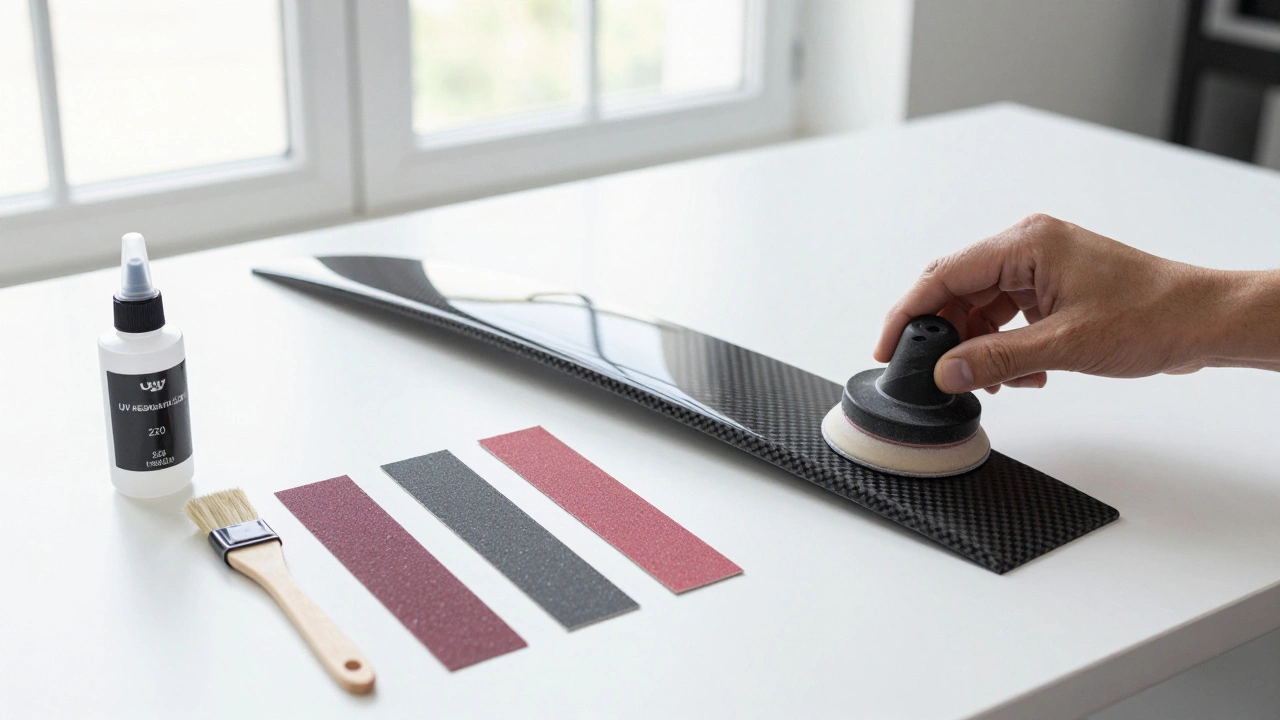 Sanding a carbon fiber spoiler edge with a sanding block and various grit sandpapers.