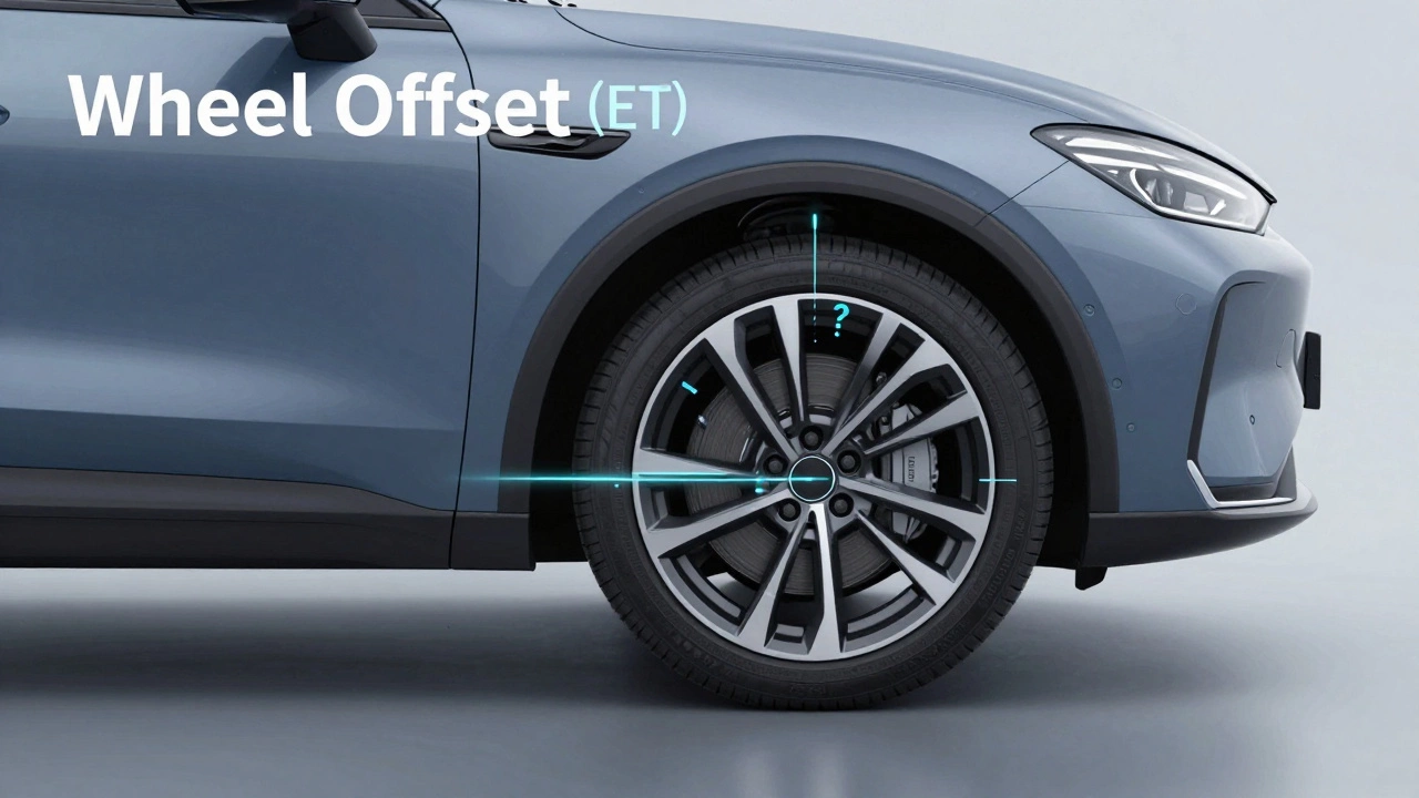 Technical diagram showing different wheel offset positions relative to a car fender