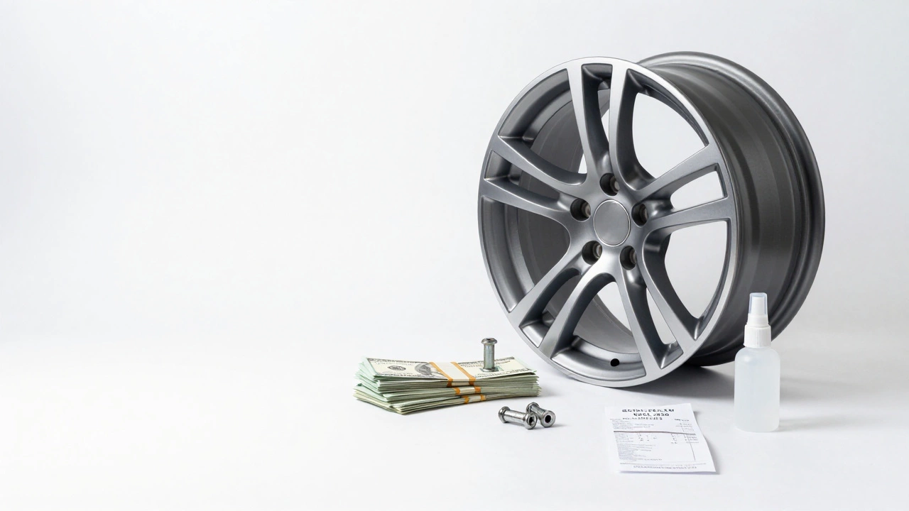 Alloy wheel displayed with cash, lug nuts, and maintenance items on a table.