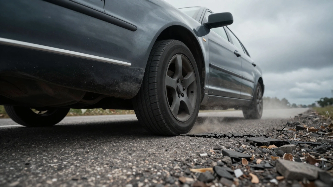 Car wheel hitting a pothole on rough road, showing stiff suspension