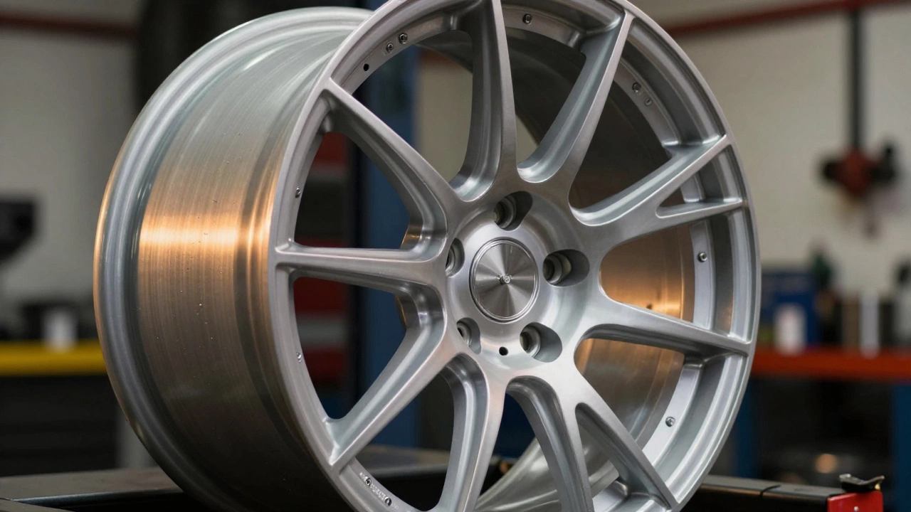 Close-up of a polished forged alloy wheel on a car lift in a garage.