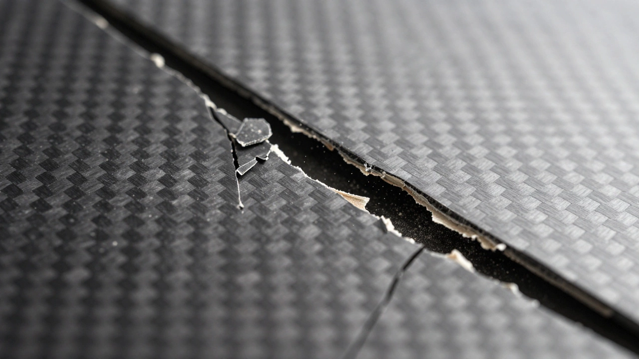Close-up of cracked and delaminating carbon fiber layers showing structural failure.