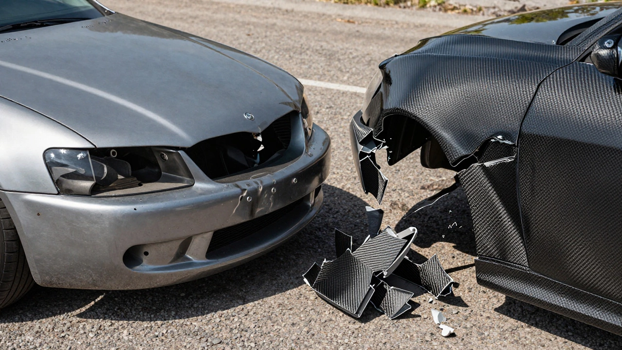 Comparison of dented steel versus shattered carbon fiber after impact damage.