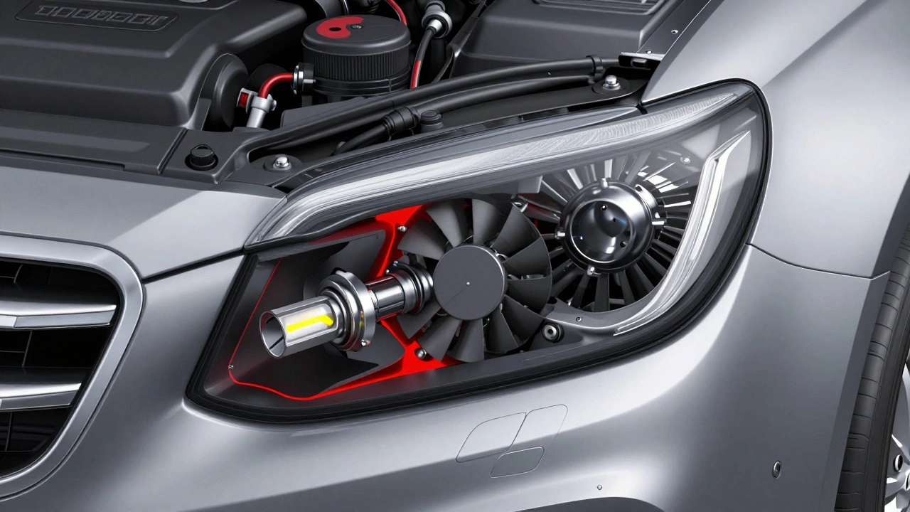 Cross-section showing bulky LED cooling fans fitting tightly in car headlight socket