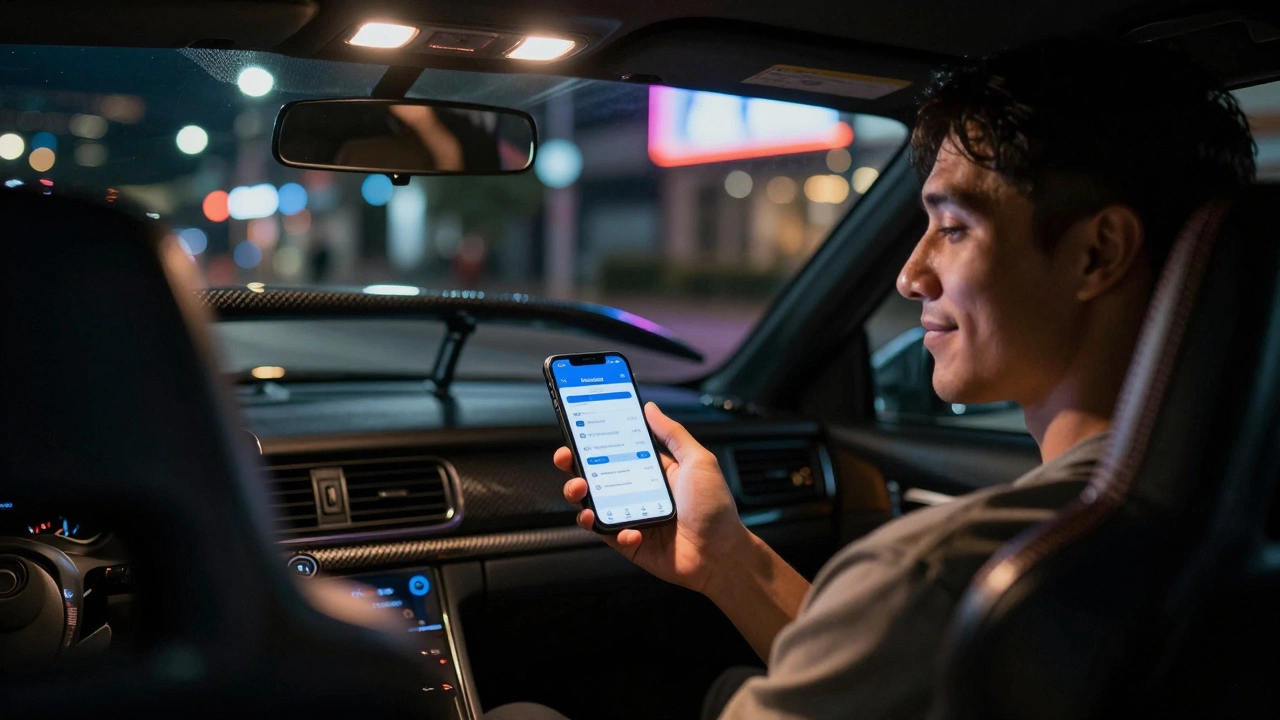 Driver checking specialized car insurance app at night with modified car