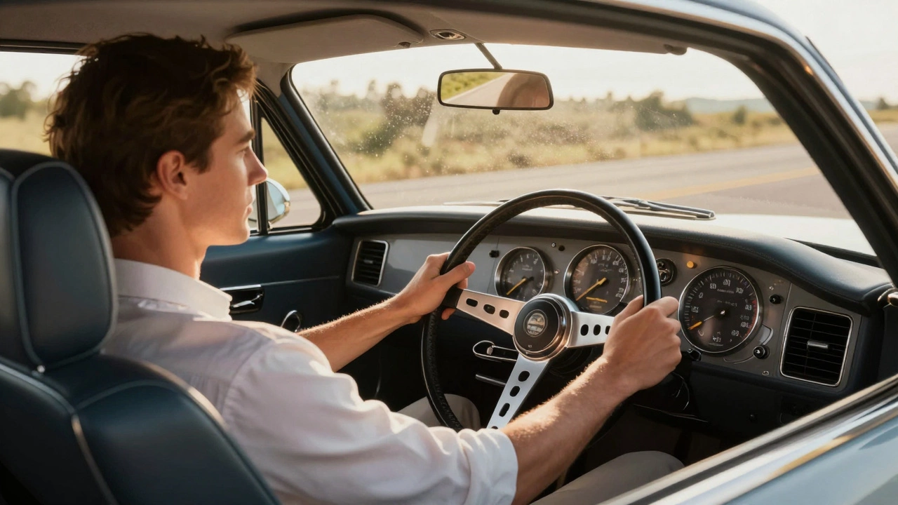 Driver enjoying ergonomic upgrades in a vintage car cabin