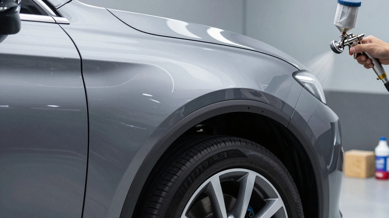 Glossy, professionally painted car fender flare seamlessly blended into the wheel arch.