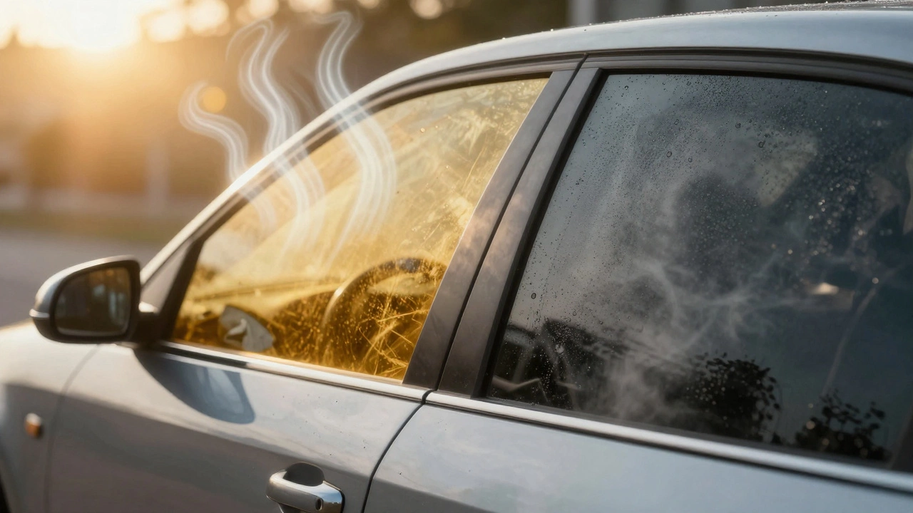 Illustration comparing sunny vs humid conditions for window tint drying