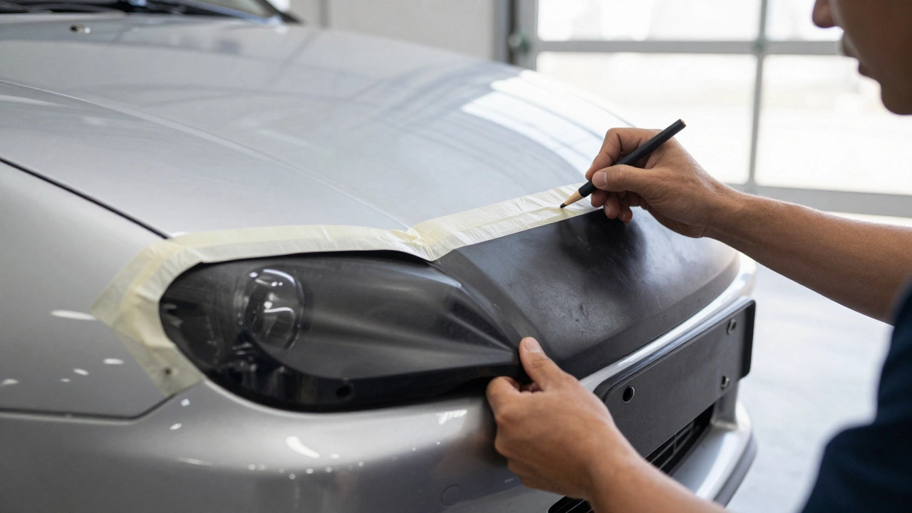 Mechanic dry-fitting a polyurethane bumper panel onto a car, marking adjustments with a pencil.