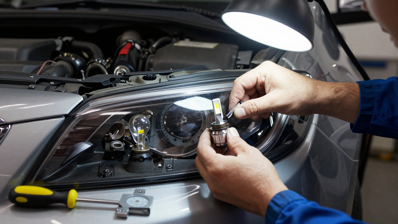 Mechanic installing and aligning an LED headlight bulb in a car housing