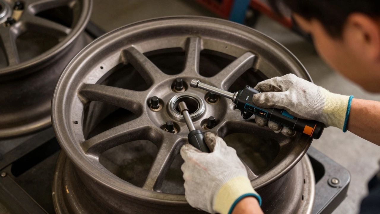 Mechanic using torque wrench to tighten wheel lug nuts
