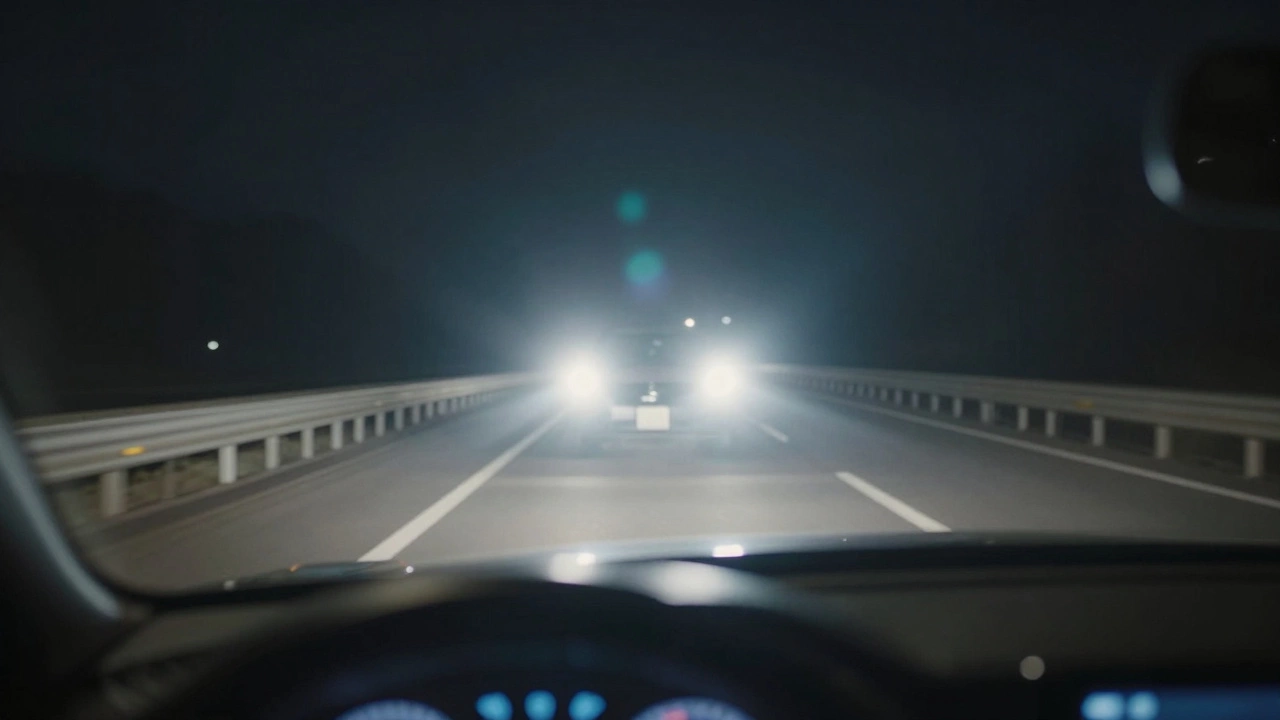 Oncoming car with glaring misaligned LEDs obscuring the road at night