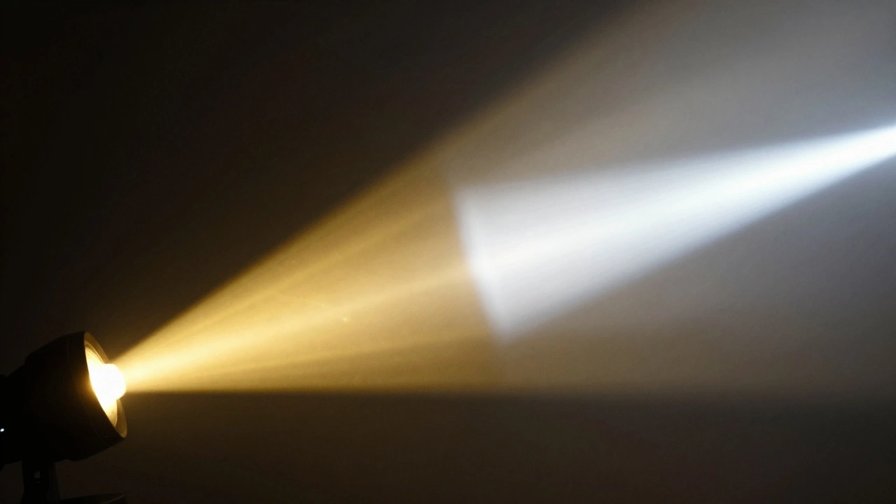 Side-by-side comparison of yellow halogen vs white LED headlight beams on a wall