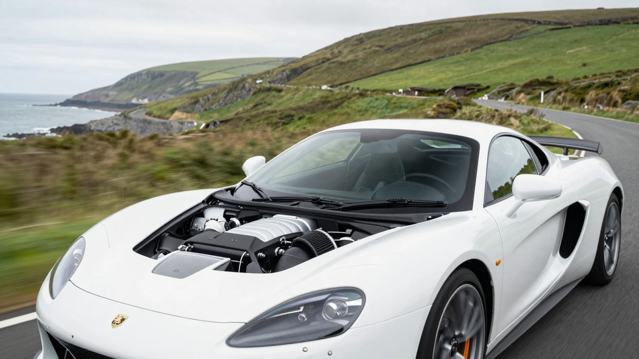Sports car driving on UK road with visible clean air intake system