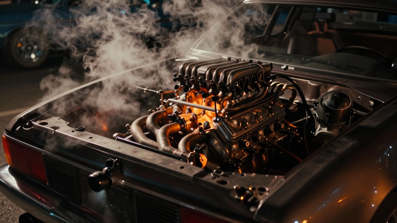 Vintage V8 engine with steam and exhaust tips at night