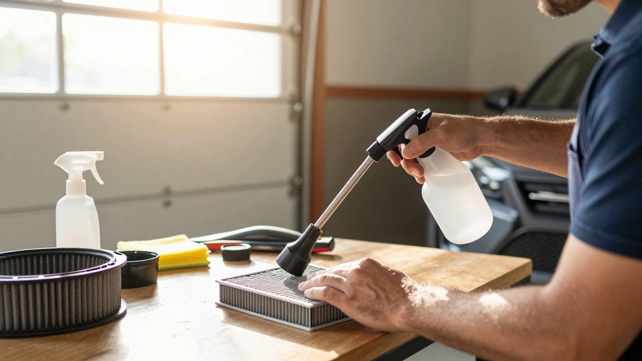 Car enthusiast cleaning a reusable performance air filter with spray and compressed air in a garage.