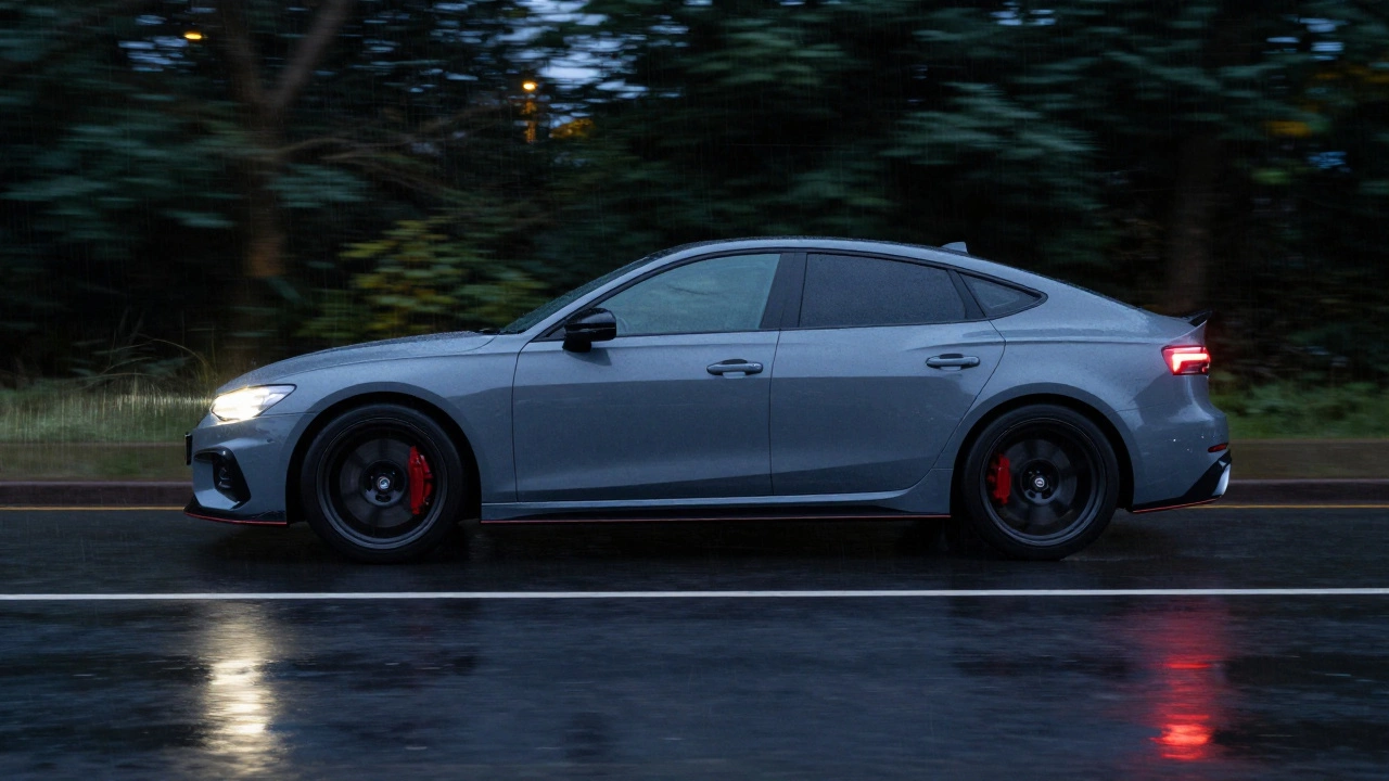 Car with widened stance driving on a wet road showing proper fitment