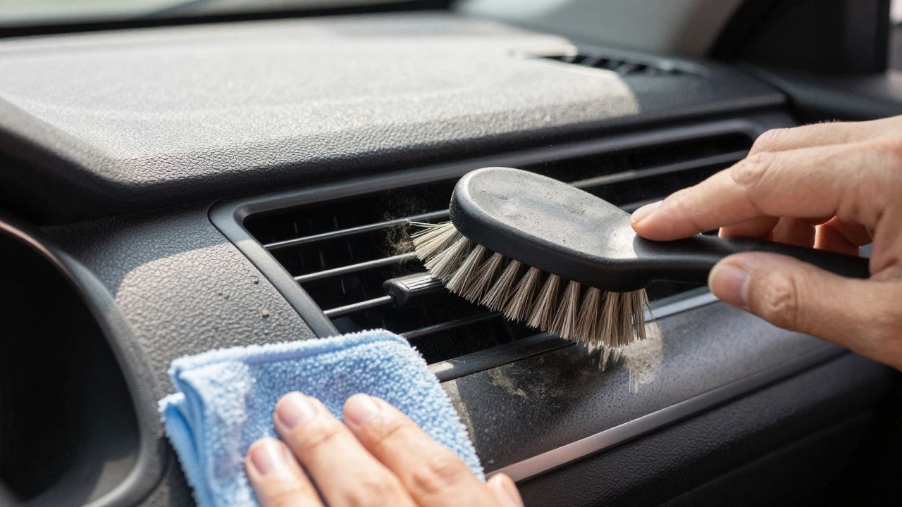 Close-up of a brush cleaning car dashboard air vents and plastic trim.