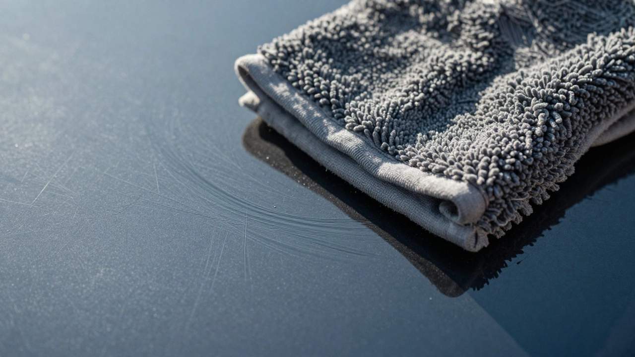 Close-up of swirl marks and scratches on car paint caused by improper washing.