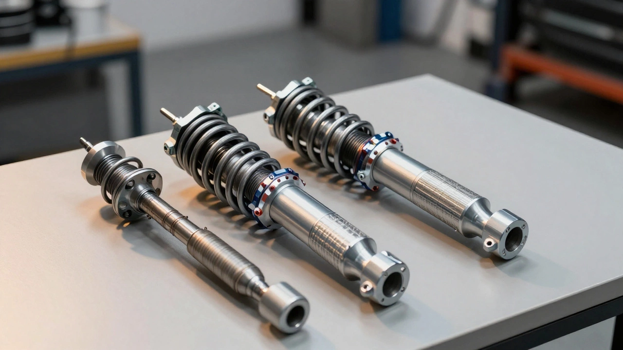 Coilover assembly compared to factory strut in a workshop setting