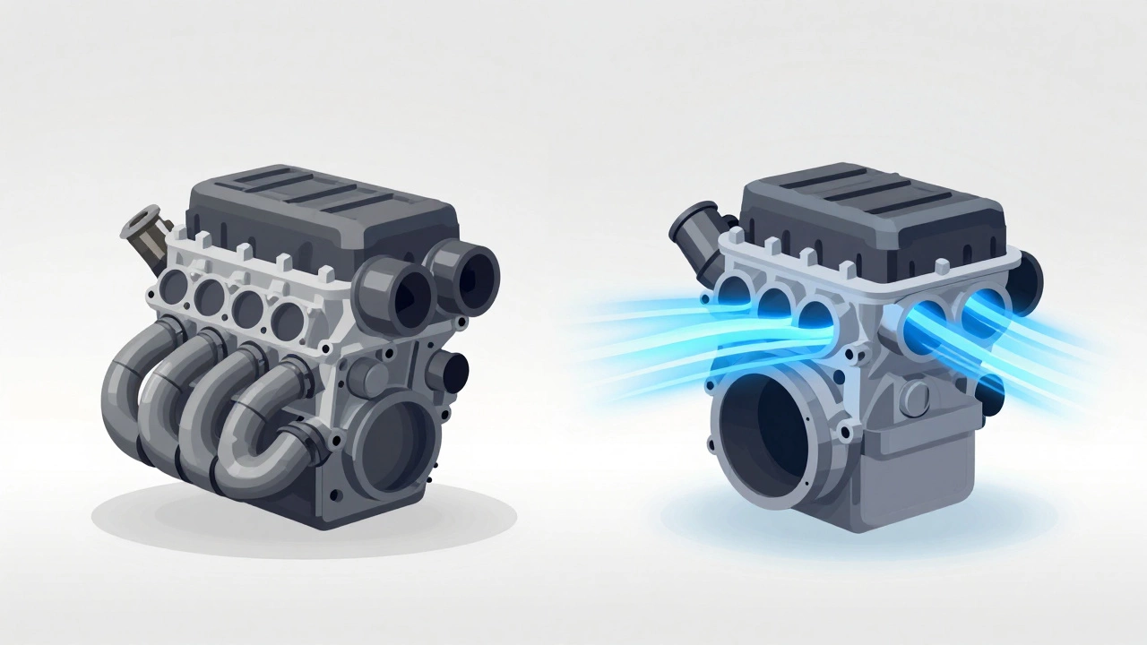 Conceptual illustration showing restricted stock engine airflow versus open high-flow intake system.