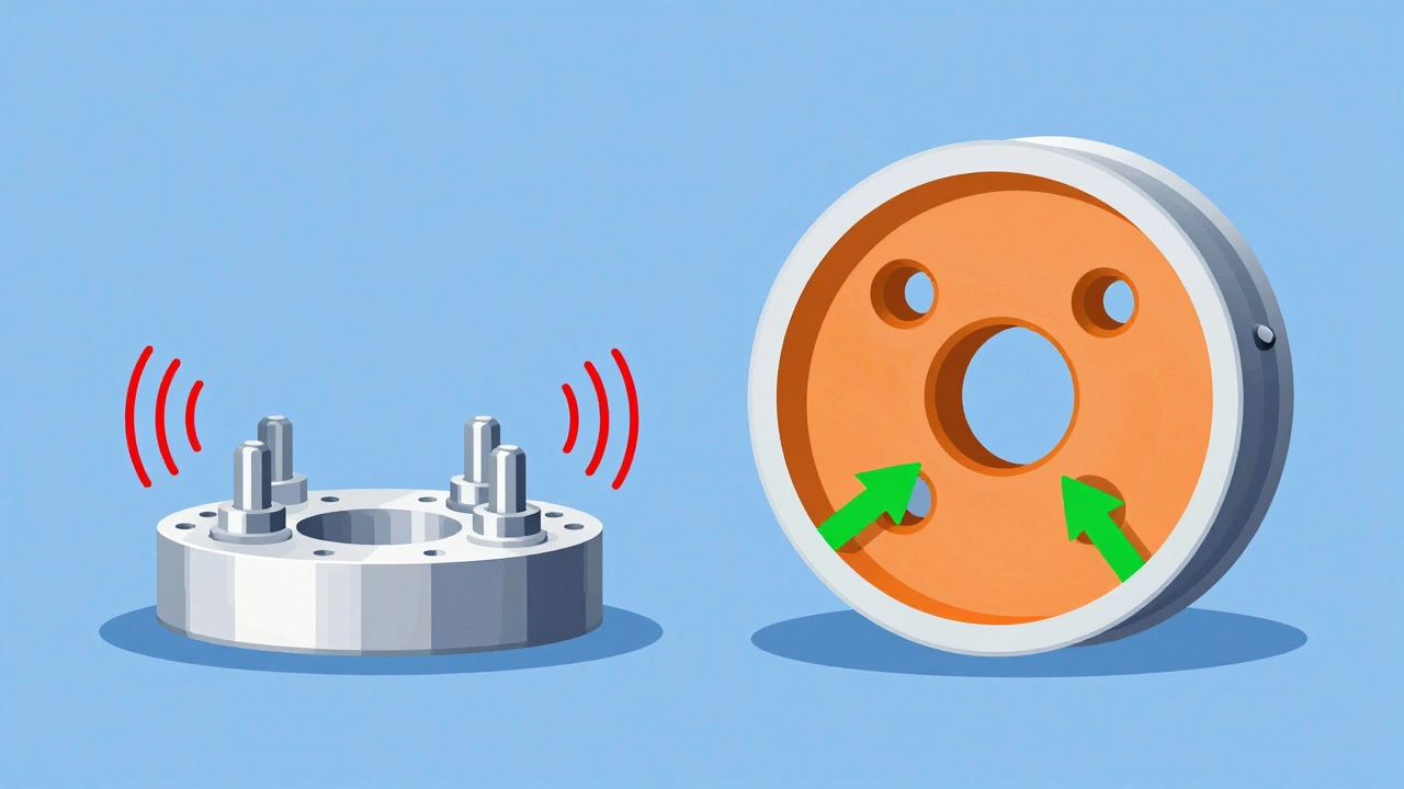 Diagram comparing slip-on vs hub-centric spacers, showing stress and stability differences.