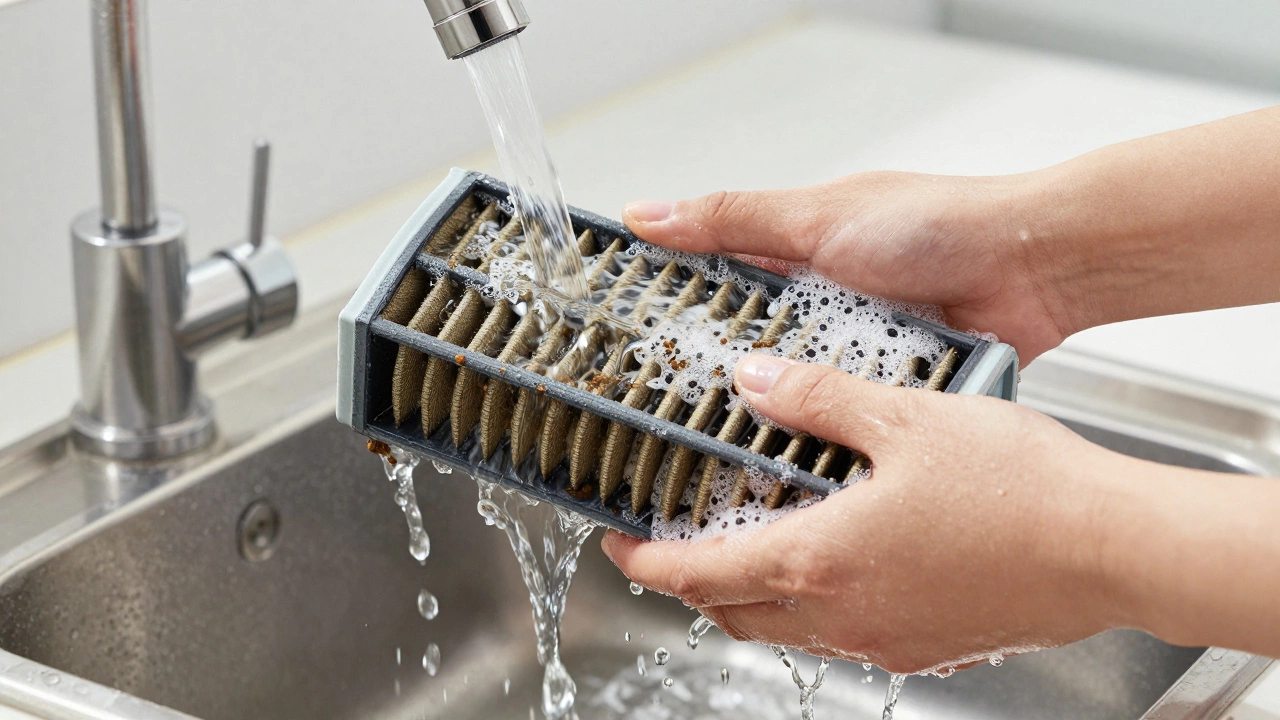 Hands gently rinsing an air filter with low-pressure water