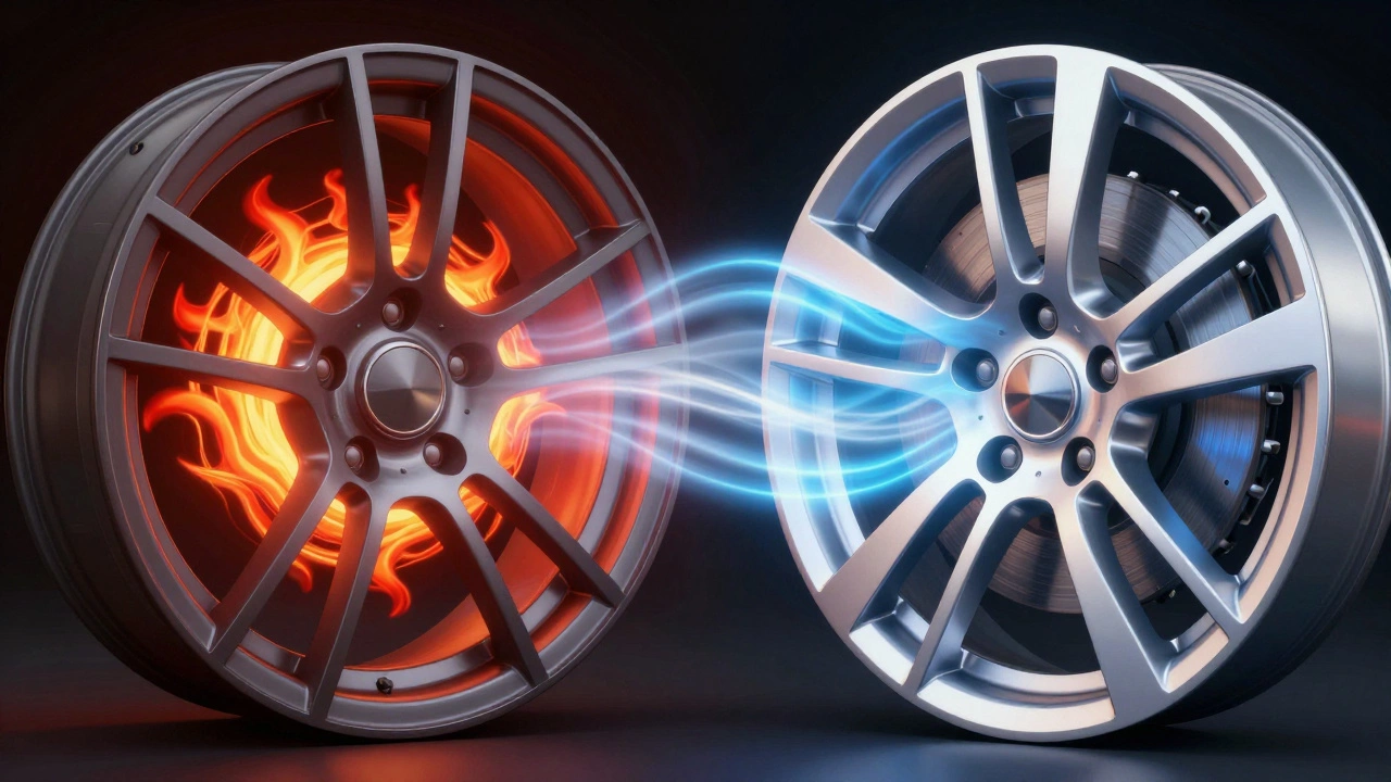 Illustration showing heat escaping from alloy wheel spokes vs steel