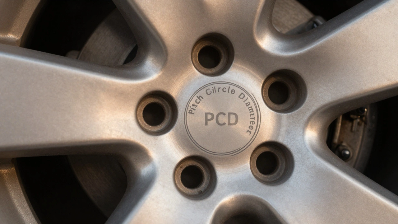 Macro shot of wheel bolt pattern showing pitch circle diameter geometry