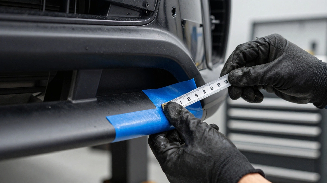 Mechanic hands taping a front lip splitter to a car bumper for dry fitting alignment