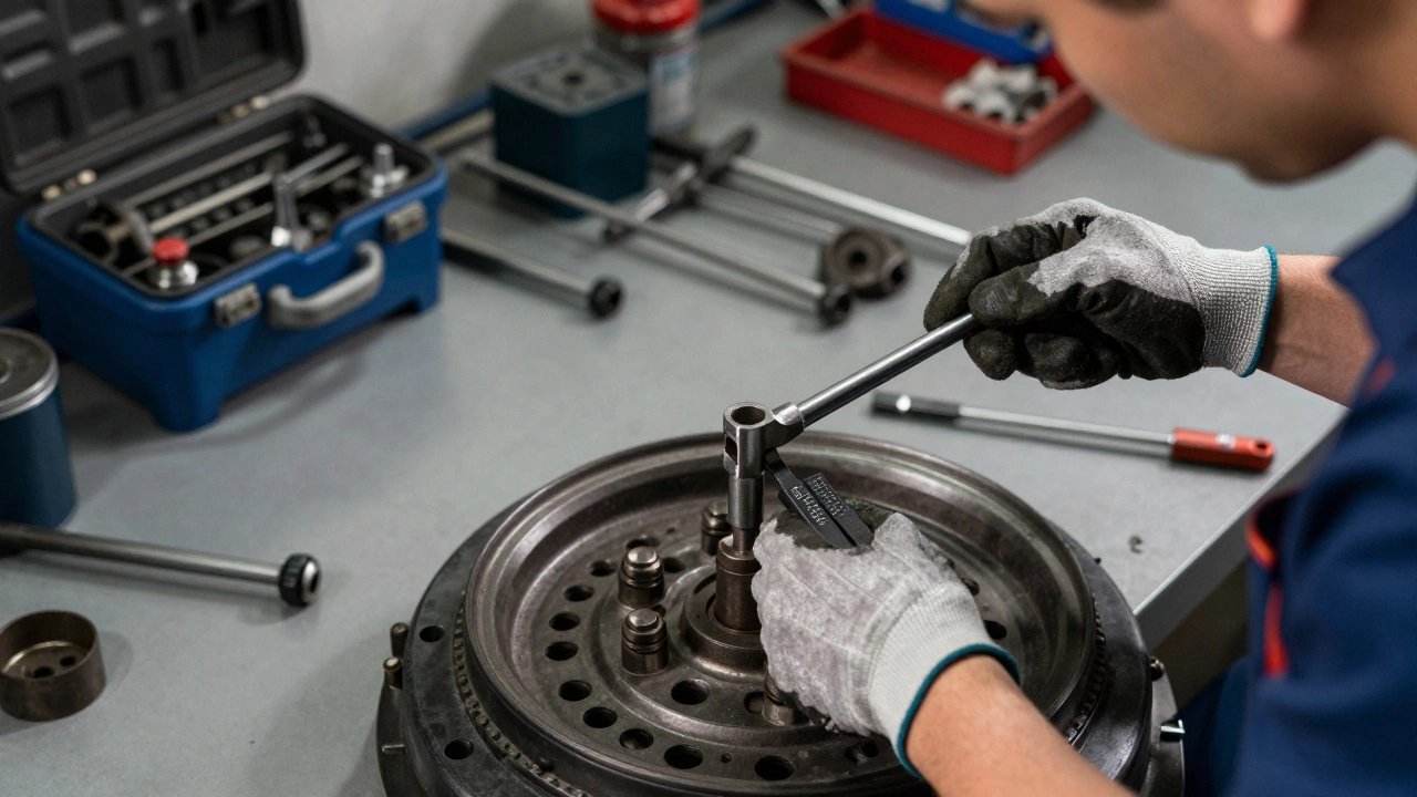 Mechanic using a torque wrench to secure a wheel with spacers in a professional garage.