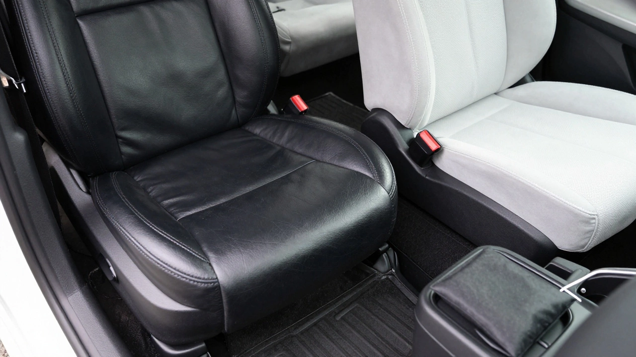 Pristine leather and fabric car seats with clean mats and odor absorber.
