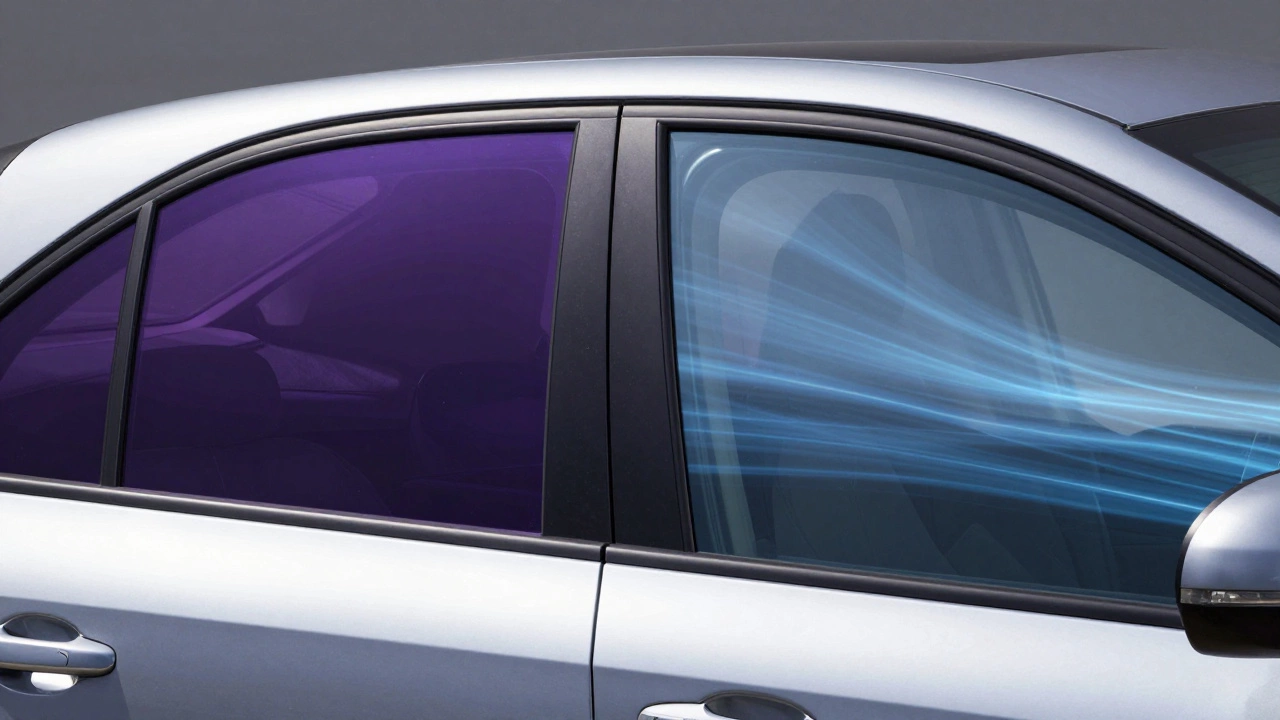 Split view comparing cheap dyed tint vs high-tech ceramic film performance