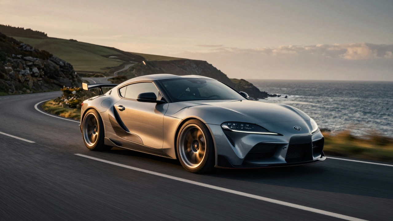 Sports car with wide stance driving on UK coast