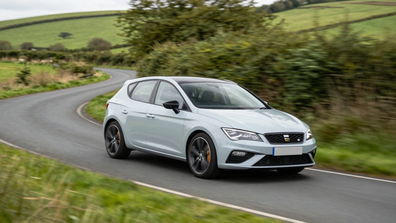 Sporty car cornering on a UK country road demonstrating better handling