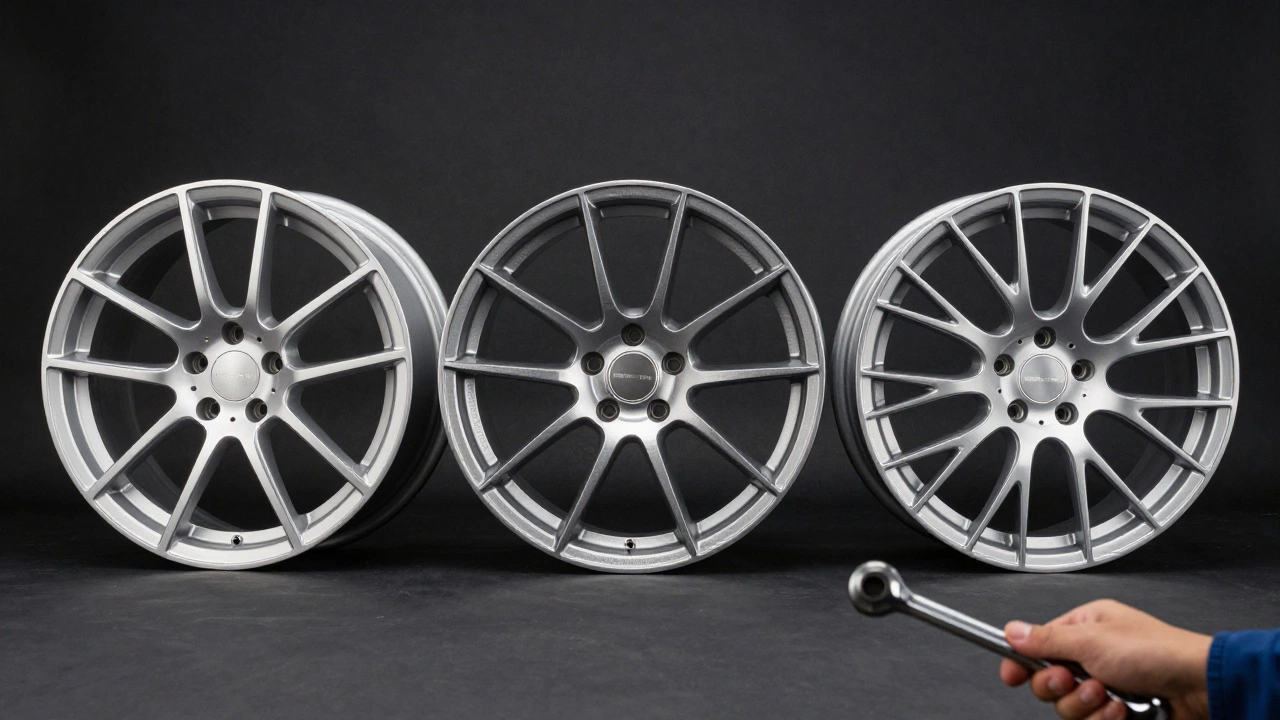 Studio shot comparing cast, flow-formed, and forged alloy wheels