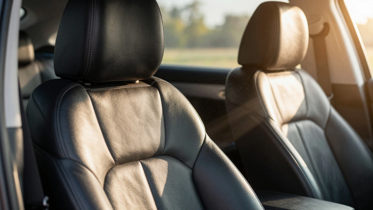 Sunlight hitting black vs tan car seats showing heat difference