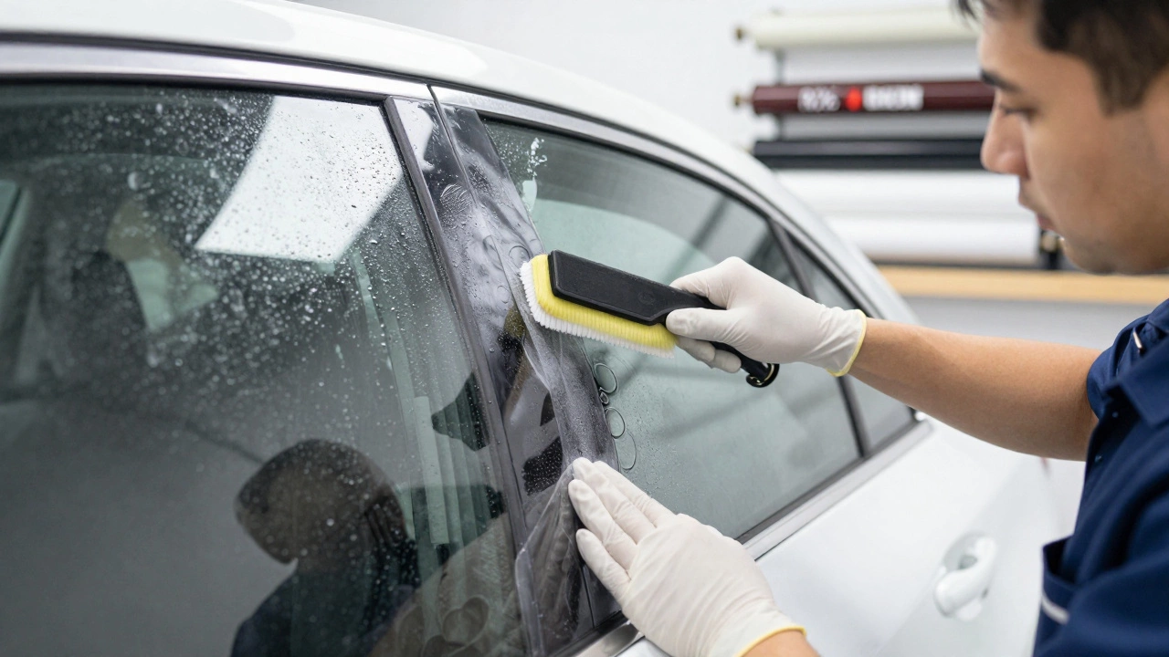 Technician professionally installing window tint film in a clean room