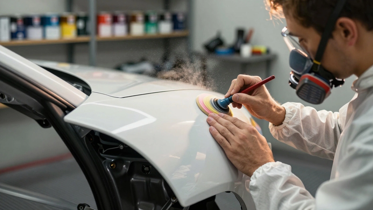 Technician sanding a widebody fender flare in a spray booth