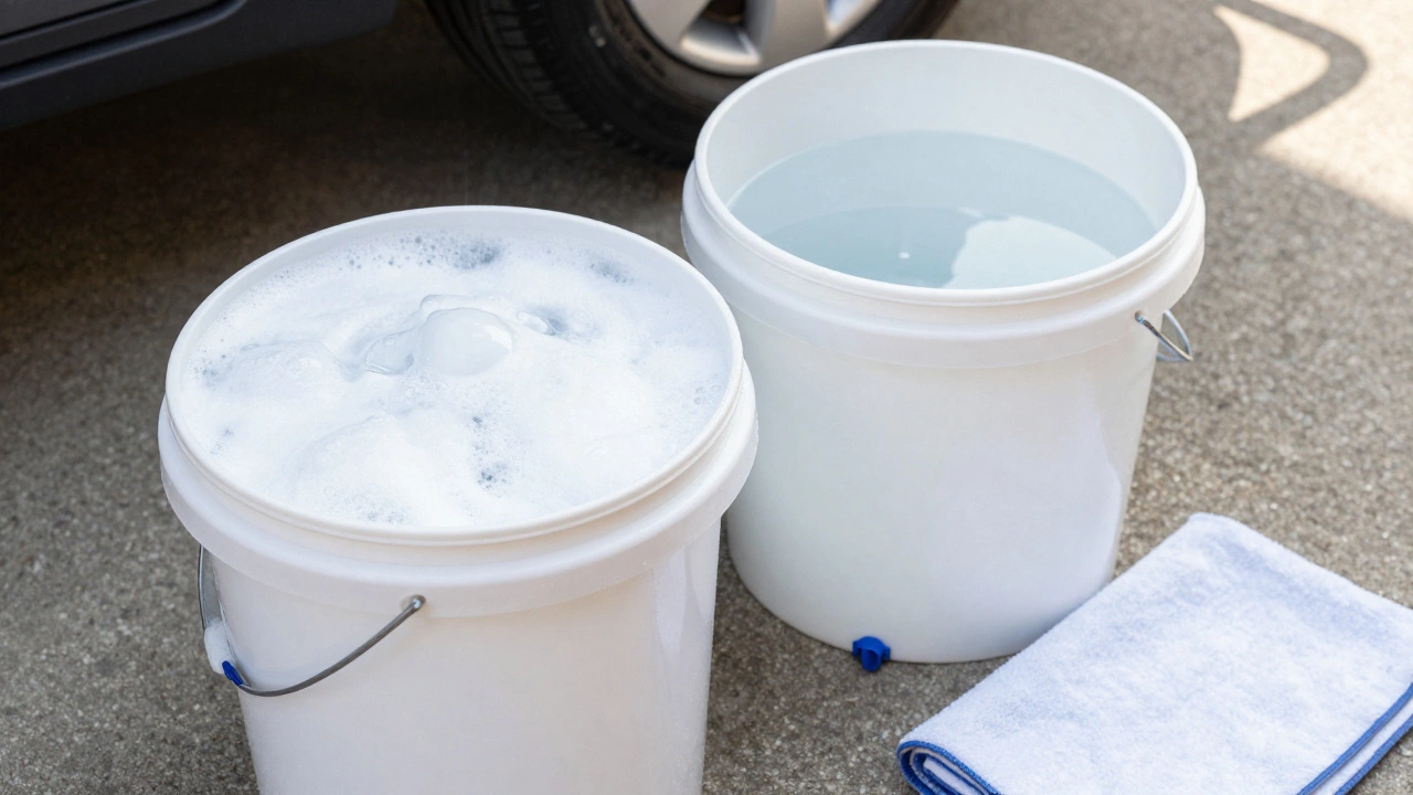 Two-bucket method setup with car shampoo and rinse water for safe washing.