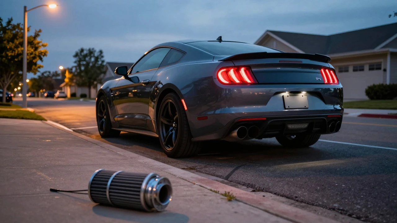 Car exhaust tips with old and new air filters nearby on driveway