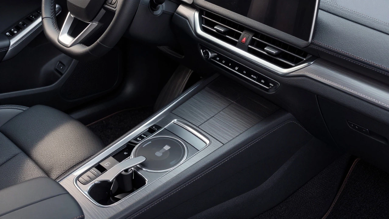 Clean, organized car console with wireless charger and custom floor mats