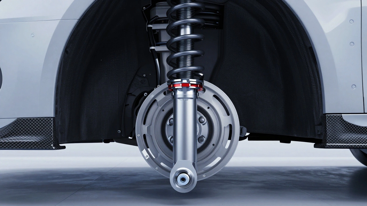 Close-up of adjustable coilover suspension system showing camber plate details