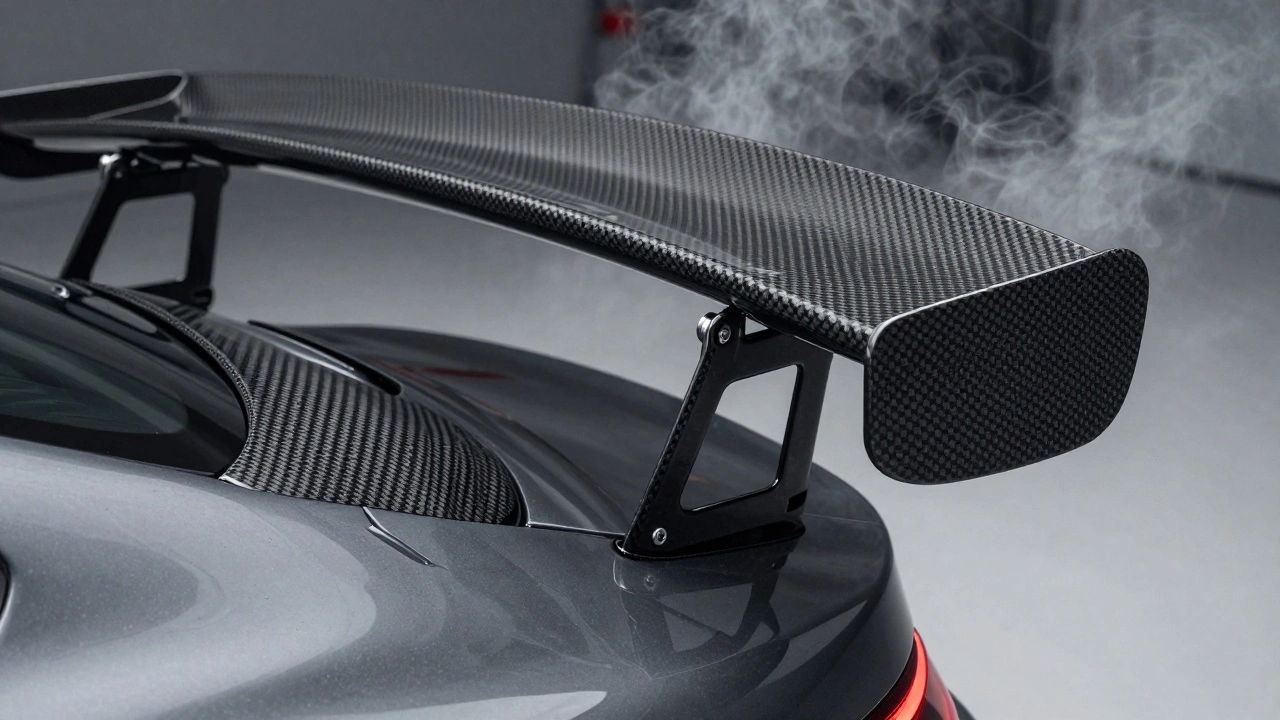 Close-up of textured carbon fiber spoiler showing precise engineering details
