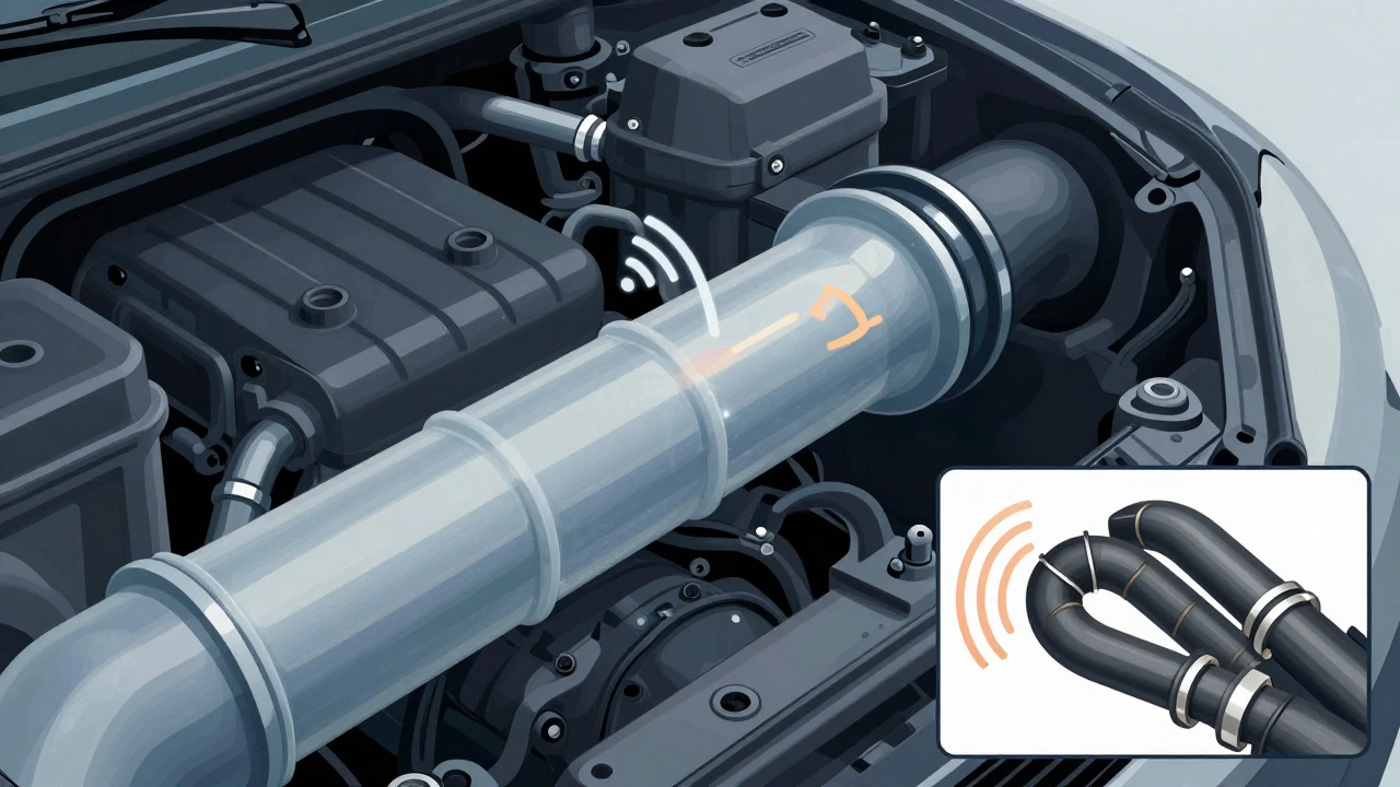 Diagram showing how intake tubes muffle engine sound waves