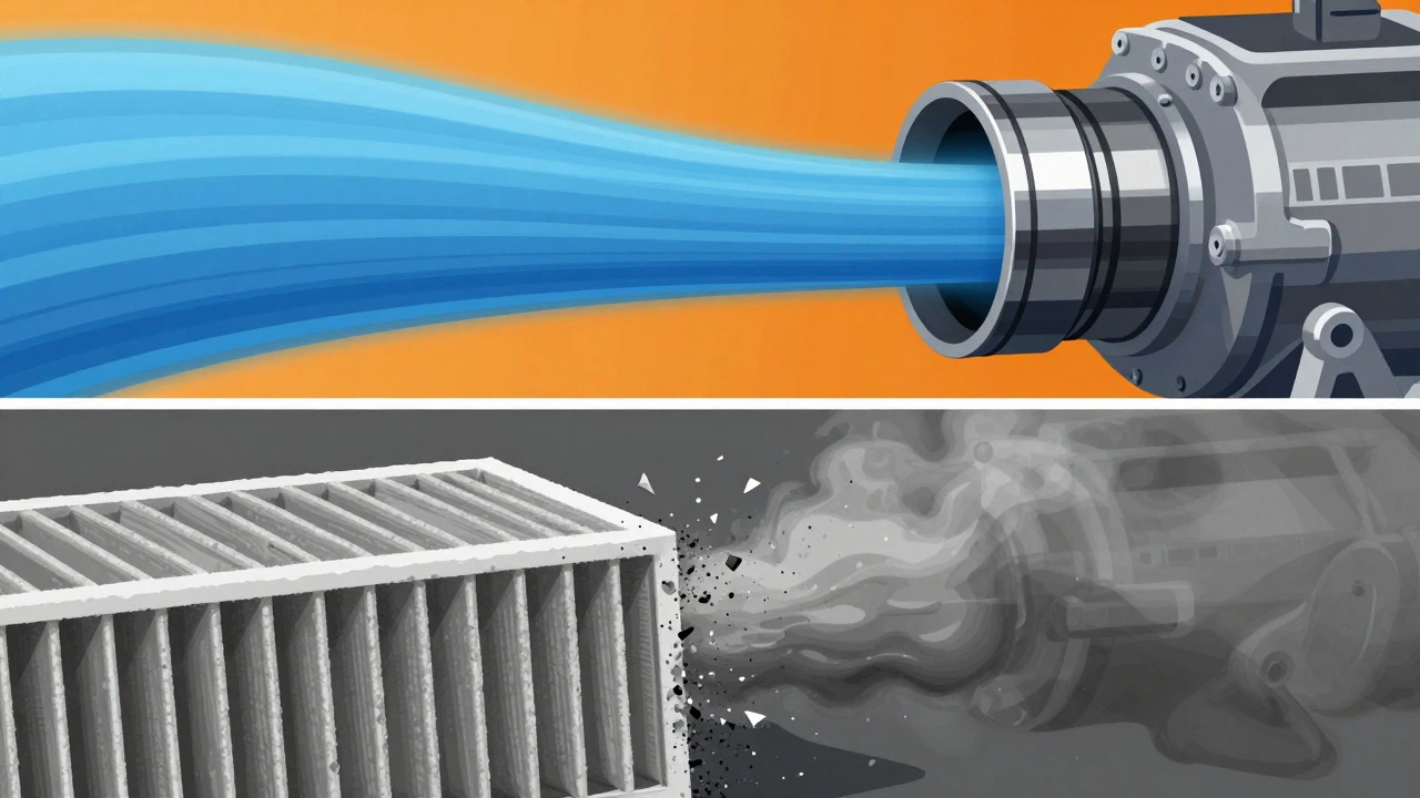Illustration showing smooth airflow through performance filter vs clogged paper