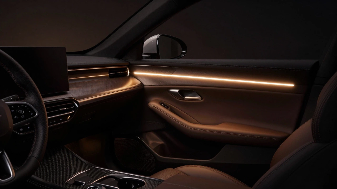 Luxury car interior at night with warm, hidden ambient LED lighting